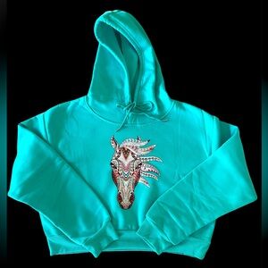 Aqua color Handcrafted Croptop hoodie sweater with color horse head stamped logo